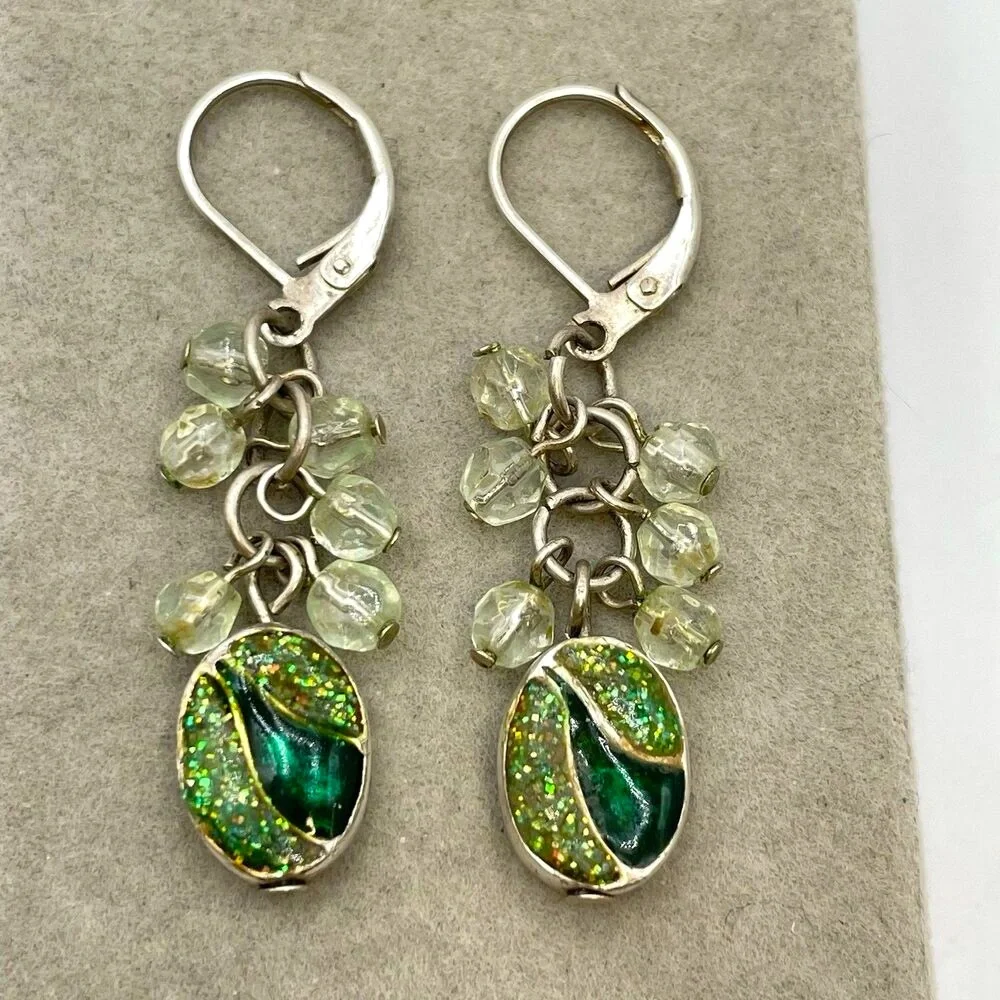 Vintage Silver Tone Green Enamel Dangle Earrings Drop Back Hoops Boho Classic